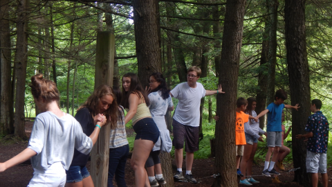 Group of youth holding hands and standing on a cable strung between trees a few inches from the ground on the ropes course.