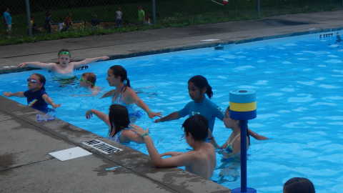 campers in swimming pool with arms raised straight out looking at a counselor who is out of view of camera.
