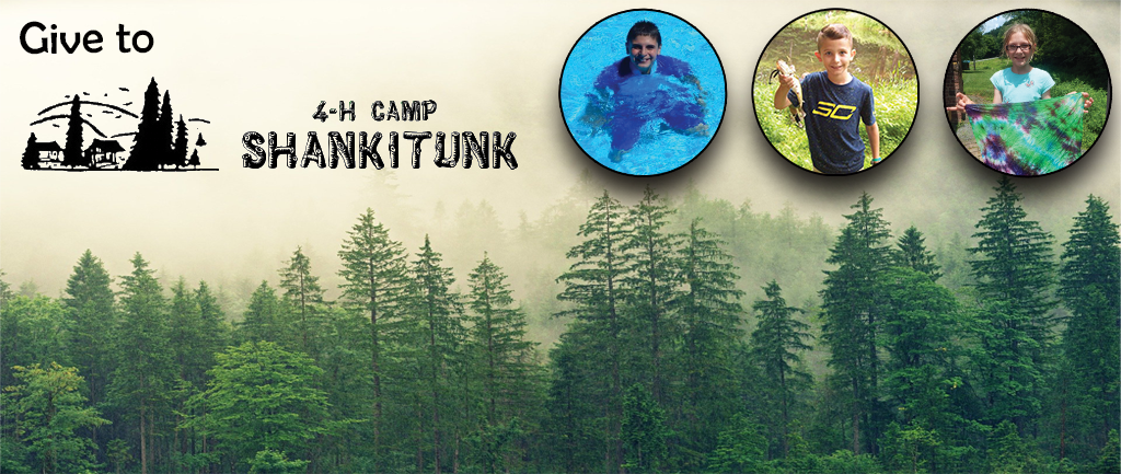 Give to 4-H Camp Shankitunk text over forest image with three youth engaged in fishing, swimming, and crafting
